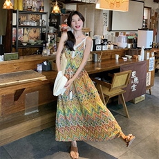 法式度假风印花吊带连衣裙套装女2025夏季新款显瘦针织开衫两件套，女装套装/套裙，2C239