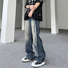 美式重磅拼接牛仔裤男宽松高街阔腿垂感直筒设计感长裤NT164-P55，男装牛仔裤，星座1008-1