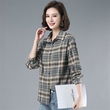 2021年春季POLO领排多扣格子长袖衬衫宽松韩版衬衣，女装衬衫，伊满意