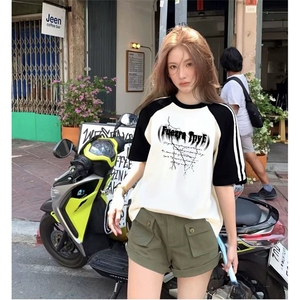 抖音得物品质二开240克宽松纯棉美式潮牌插肩三杠织带短袖T恤图片