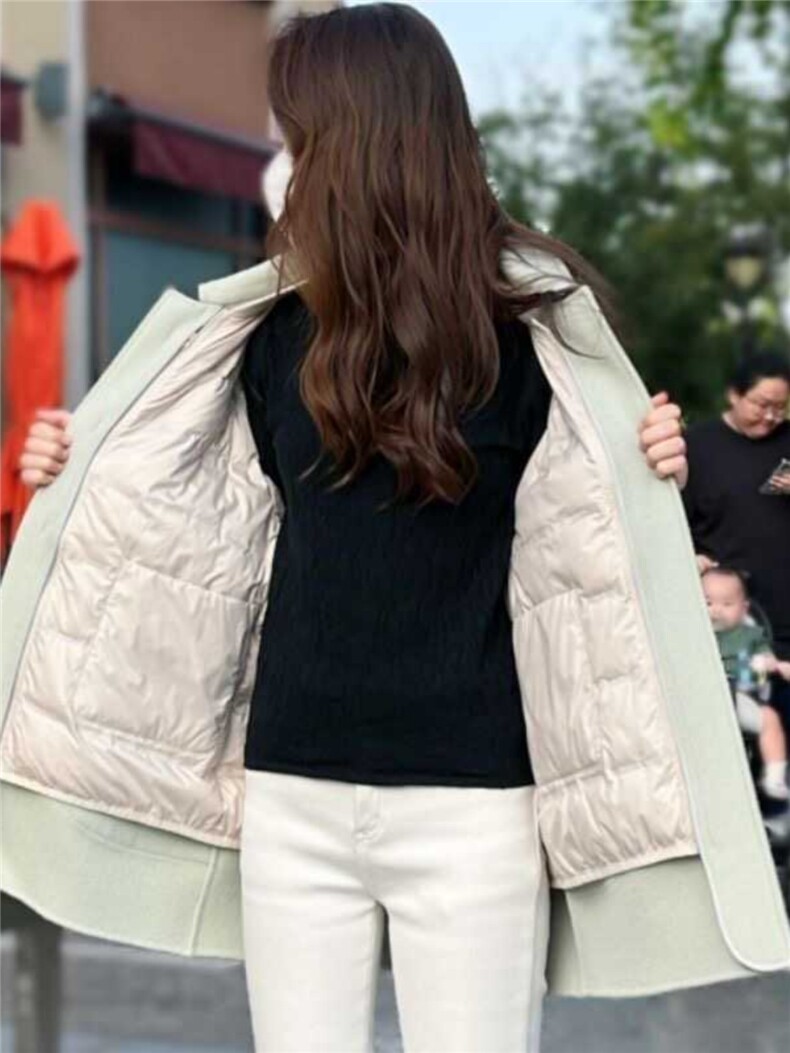 2024秋冬三穿可拆卸羽绒内胆白鸭绒双面毛呢外套小个子呢子大衣女,女装毛呢外套,红依娜