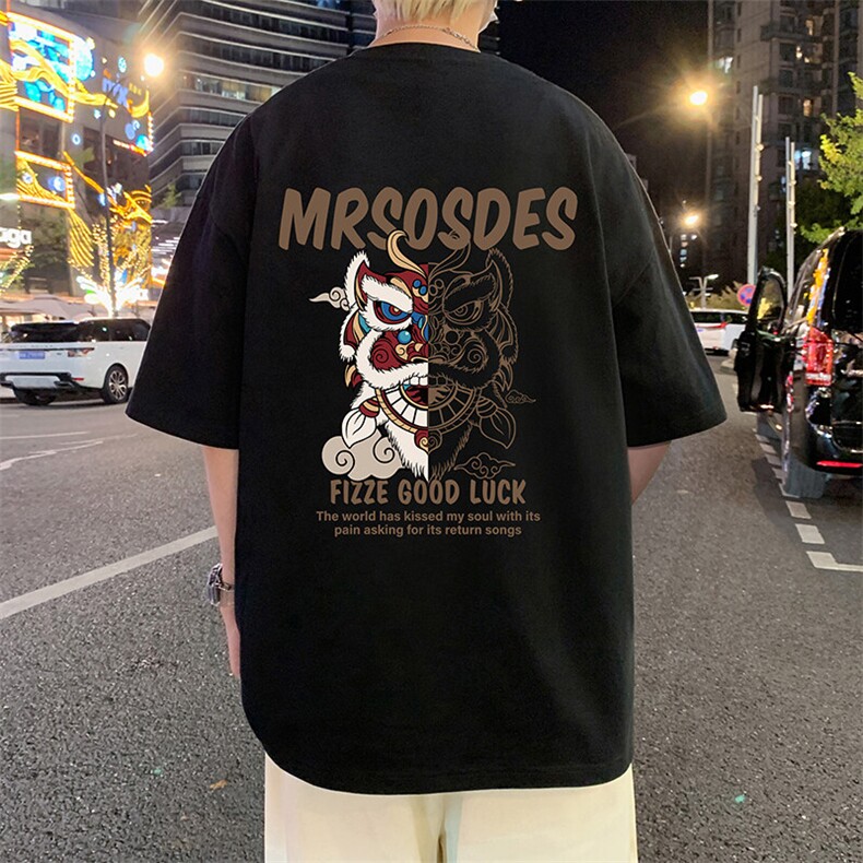 青少年短袖t恤男生夏季国潮醒狮印花重磅潮牌宽松大码五分袖体恤，男装T恤，星座304A-1