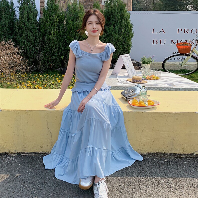 蓝色蝴蝶结高腰半身裙套装女夏季2025新款独特漂亮针织上衣两件套,女装套装/套裙,浙宝220A