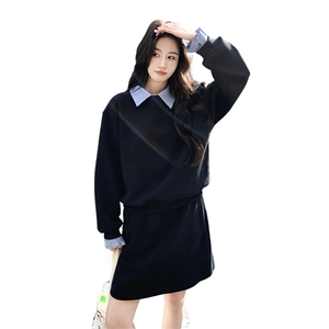 新款拼接POLO领假两件卫衣加绒加厚半身裙两件套女装图片