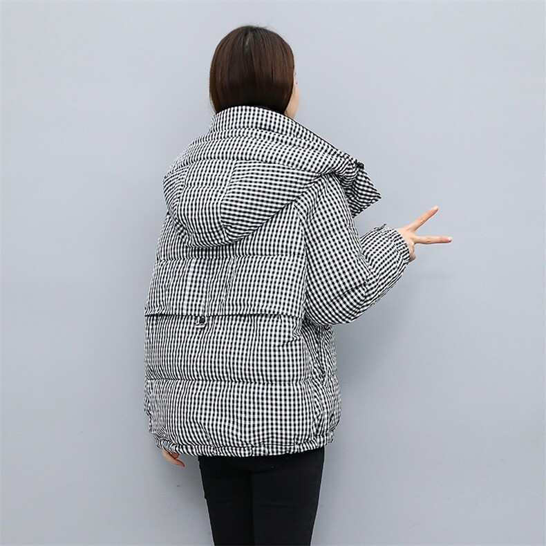 时尚格子羽绒服女短款加厚保暖外套冬季新款韩版宽松显瘦上衣,女装羽绒服,天丽