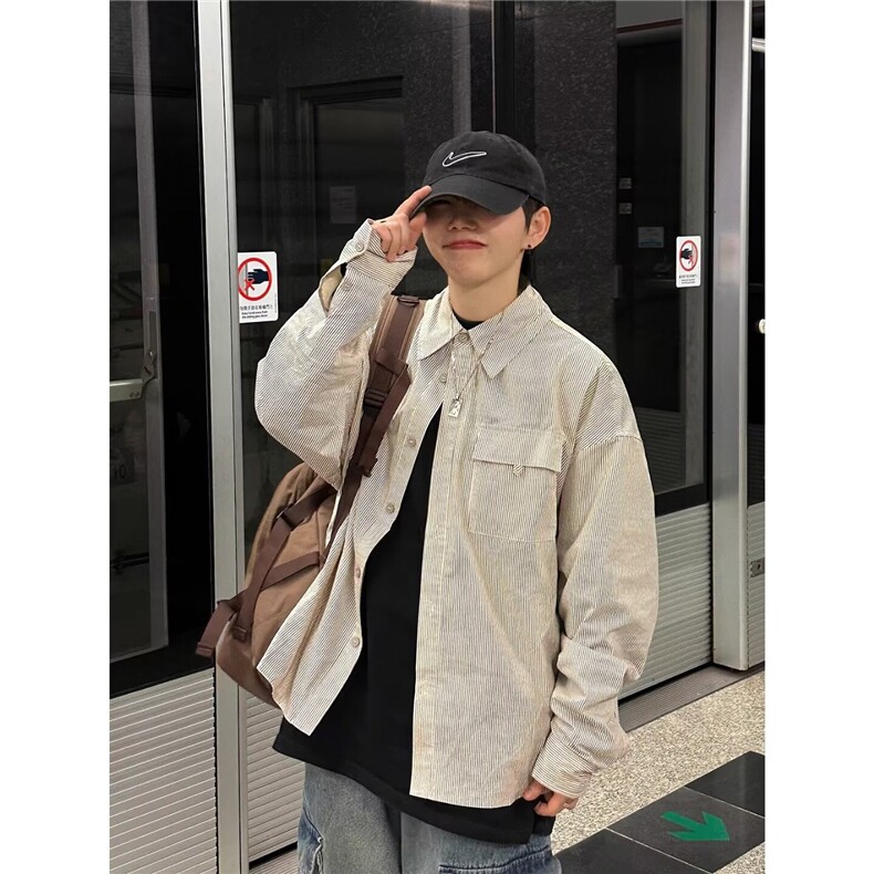 7028新款潮流条纹长袖衬衫男款新款男生日系休闲衬衣外套百搭,男装衬衫,星座308A-1（原309B-1）