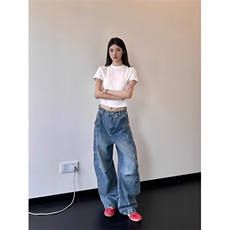 美式风水洗复古解构弯刀牛仔裤痞帅高街宽松直筒阔腿裤LZ077-p50，男装牛仔裤，星座1008