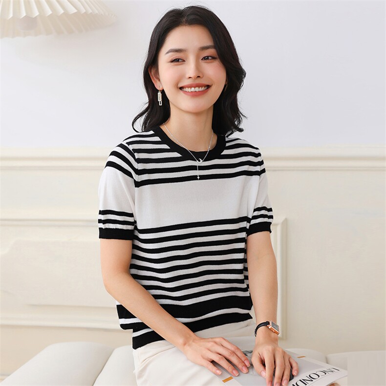 圆领条纹纯棉短袖针织衫女夏季韩版时尚休闲显瘦减龄T恤百搭上衣,女装T恤,伊绒腾羊绒