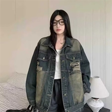 G8839-P65美式复古做旧破洞牛仔外套女春秋新款大码宽松中长款，男装工装外套，电商B323A