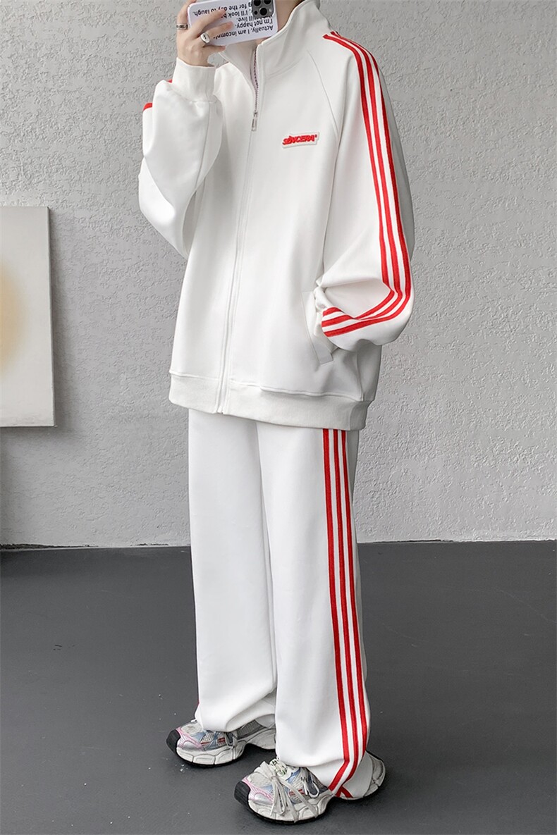 8XL-M条纹撞色开衫新年红卫衣运动套装潮牌运动服校园风TZ114P118,男装休闲套装,电商D206-1