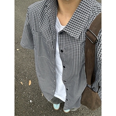 格子衬衫春夏美式短袖衬衫港风情侣装休闲衬衣CS286-P30，男装T恤，星座301C-5