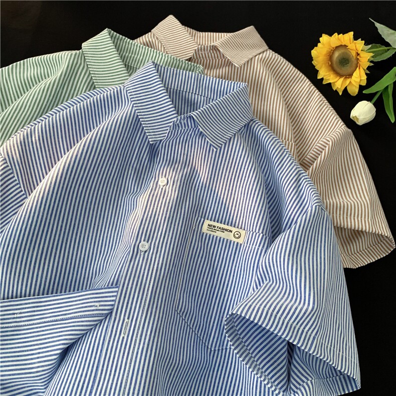 wassuphappy条纹短袖衬衫男夏季薄款潮牌港风翻领上衣服休闲外套，男装衬衫，星座222-7