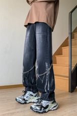 B221美式ins高街小众个性链子扎染直筒牛仔裤LK22082-P65控88，男装牛仔裤，电商B221