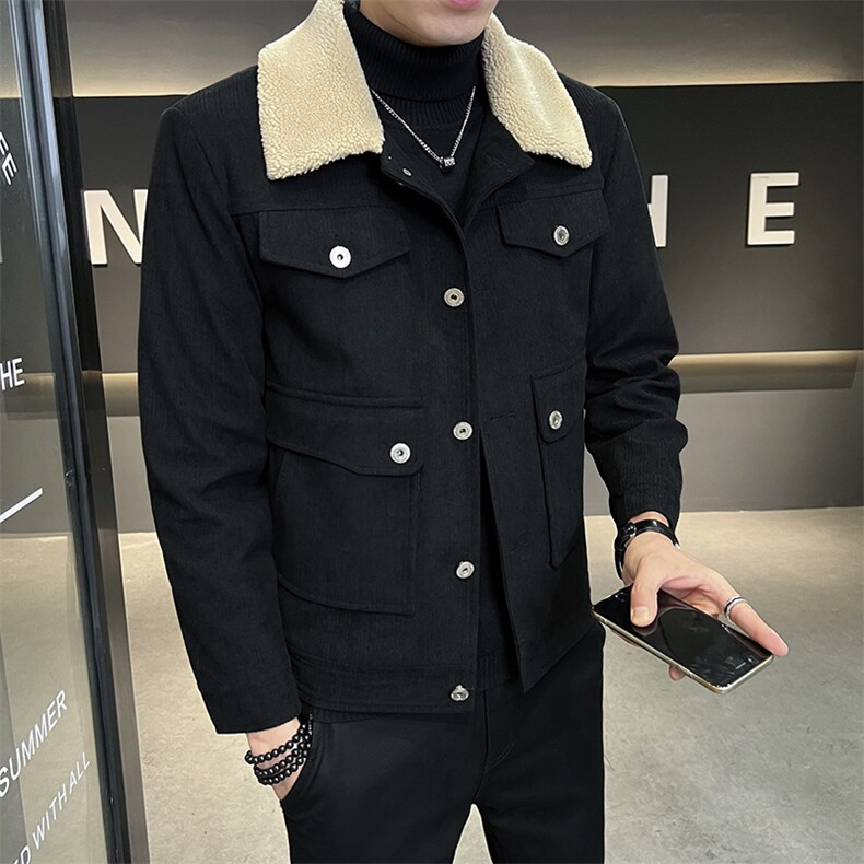 2022灯芯绒羊羔毛外套男秋冬季棉服加绒加厚毛领工装羊羔绒棉衣,男装棉衣,电商B248