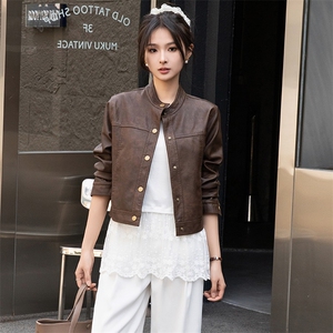 海宁仿真皮衣外套女2025春秋BAO款小个子短款可水洗PU皮夹克上衣图片