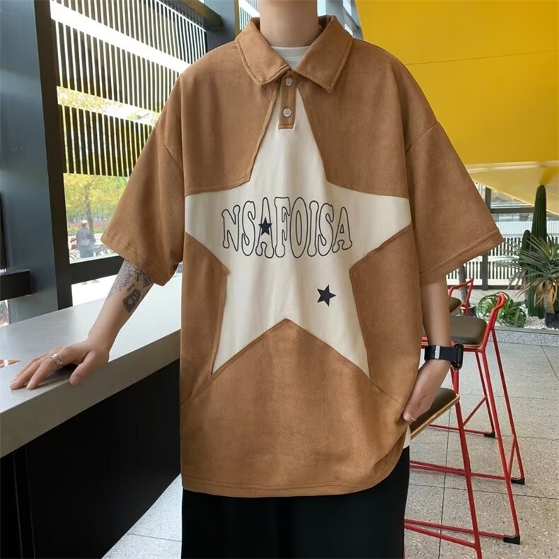 潮设计感小众撞色短袖t恤男女夏季港风复古重磅翻领上衣,男装T恤,星座716-4