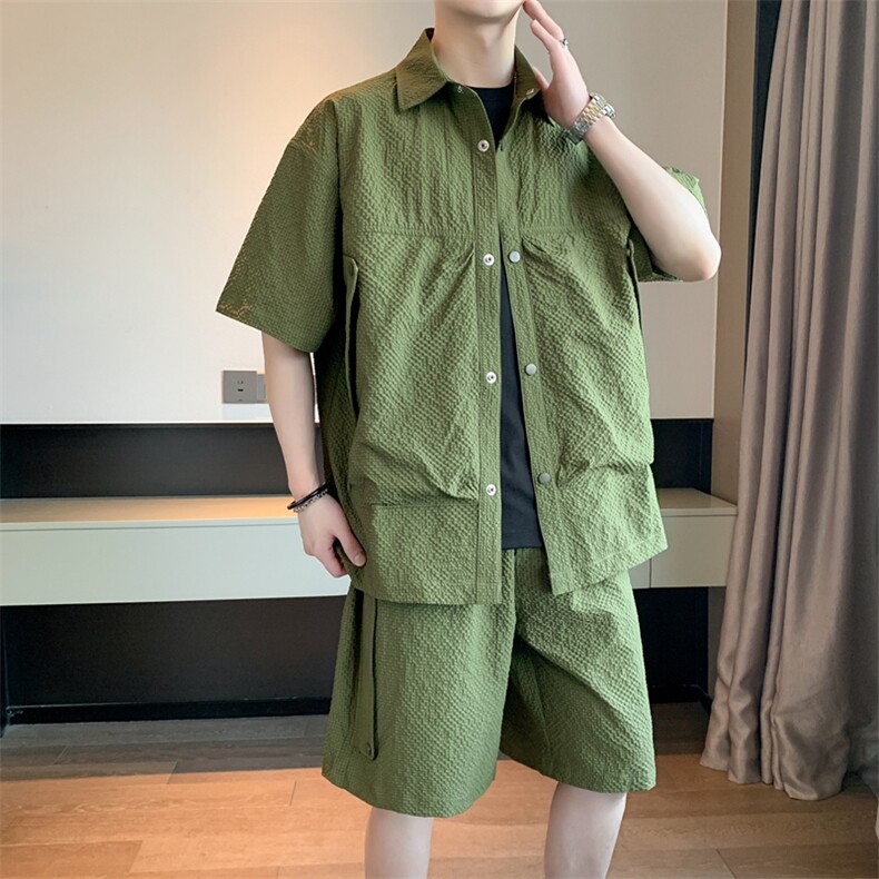 华夫格休闲套装男夏季潮牌冰丝衬衫男短袖一套搭配帅气高级感衣服,男装休闲套装,电商A409-1