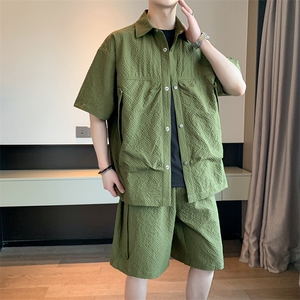 华夫格休闲套装男夏季潮牌冰丝衬衫男短袖一套搭配帅气高级感衣服