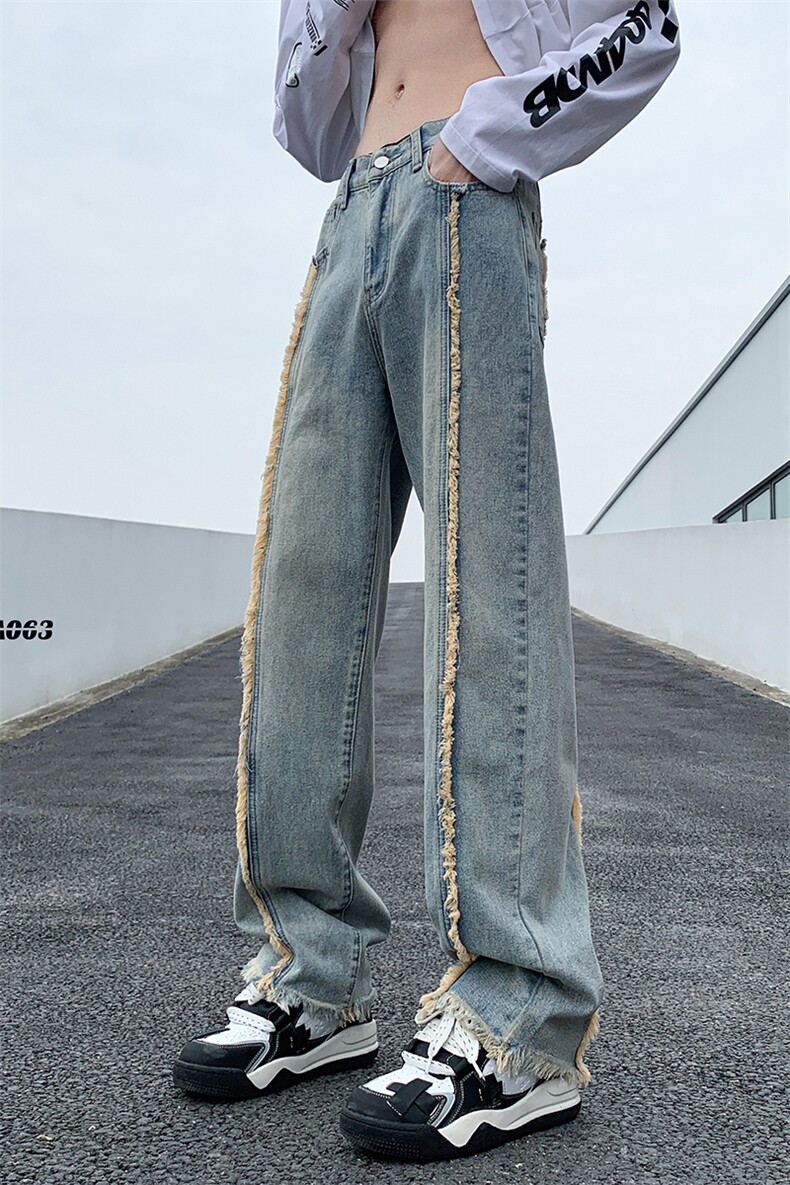 美式ins高街hiphop重工艺水洗毛边牛仔裤货号K712P65,男装牛仔裤,电商A063