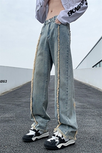 美式ins高街hiphop重工艺水洗毛边牛仔裤货号K712P65图片