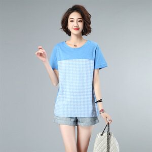 2021夏款大码女装格子拼接上衣3201款图片