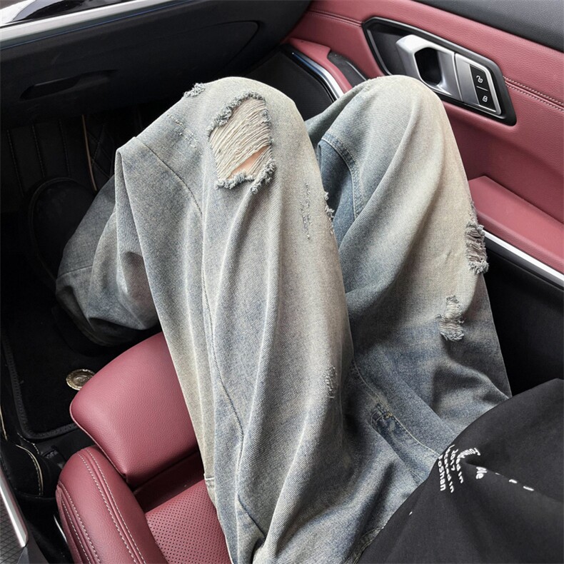 美式街头水洗做旧破洞牛仔裤男宽松欧美vibe风长裤子N07277-P43，男装牛仔裤，星座308B-2