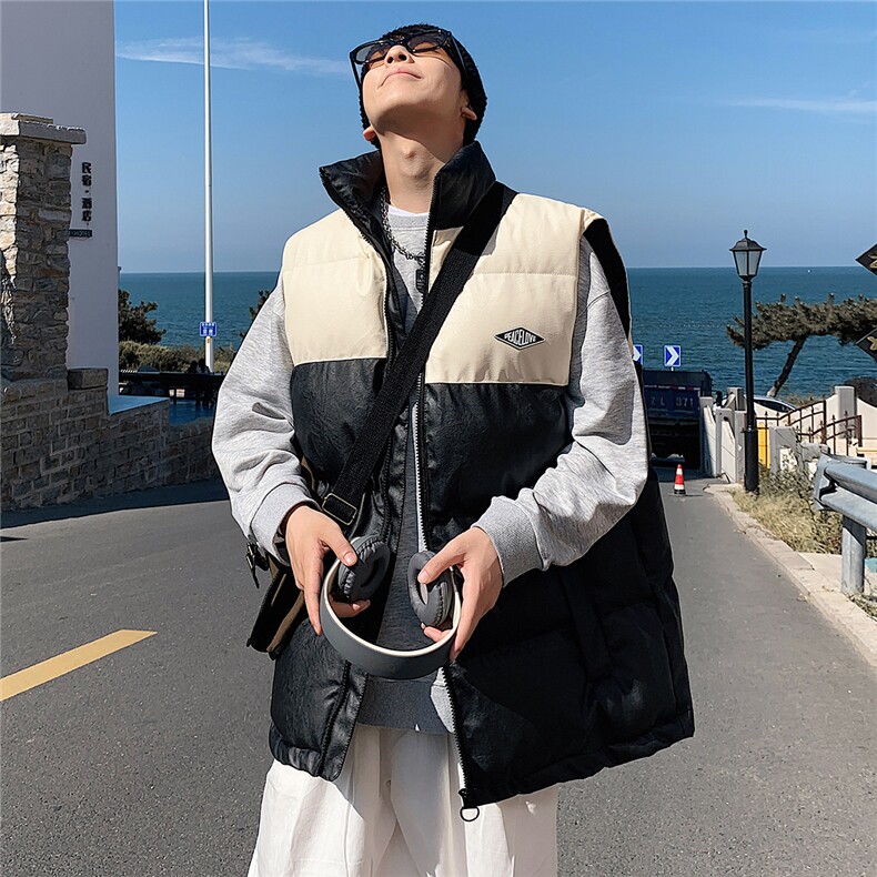 2026秋冬装羽绒棉马甲男加厚拼色立领PU皮坎肩MJ17588/P85杏色，女装马甲，电商A094