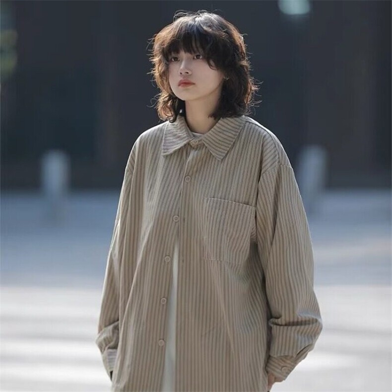 条纹长袖衬衫女日系复古早初秋季衬衣外套高级设计感小众法式上衣,女装衬衫,星座506A
