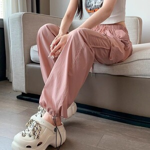 粉色工装阔腿裤女夏新款高腰垂感窄版小个子美式运动休闲裤图片