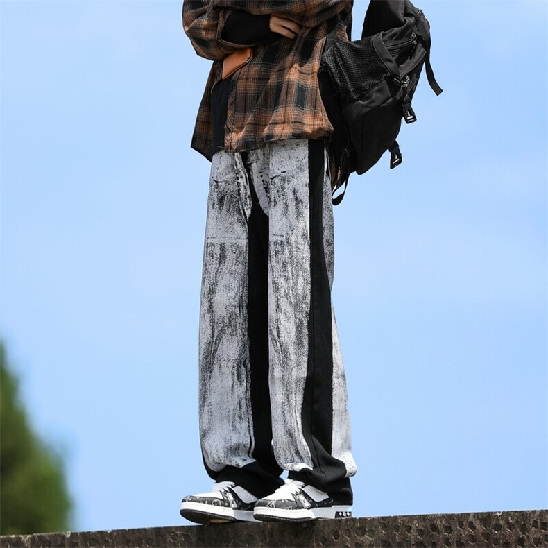 SJ-217-2-HK24872-特P45 春秋季宽松直筒扎染牛仔裤男撞色休闲裤图片