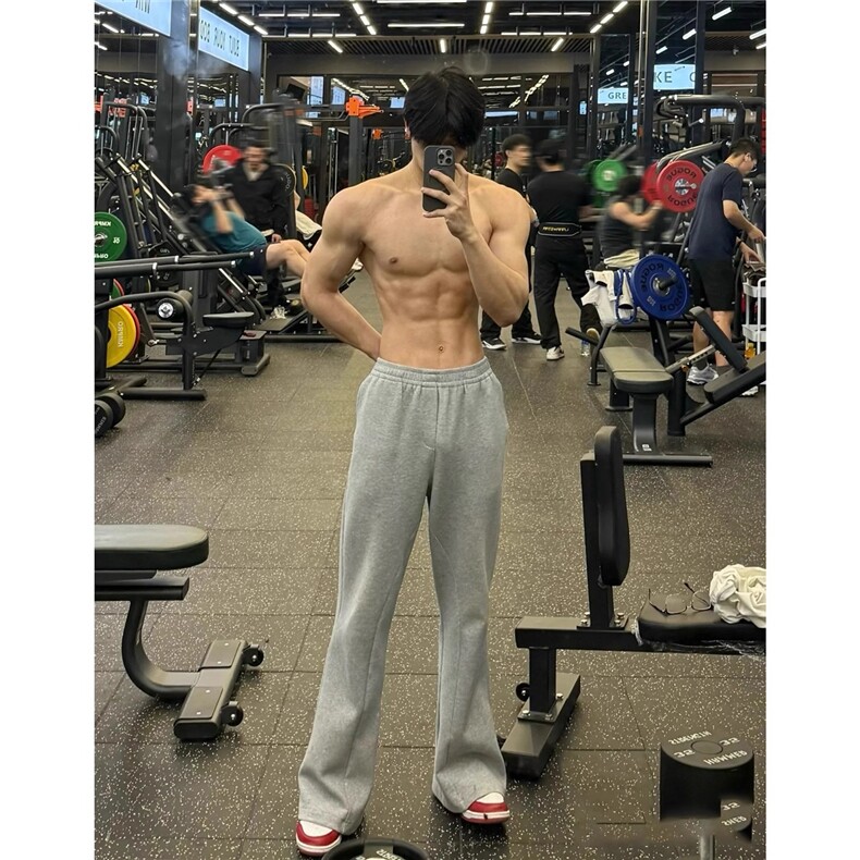 灰色健身运动微喇卫裤男美式立体解构休闲裤子cleanfit直筒弯刀裤,男装休闲裤,星座506A