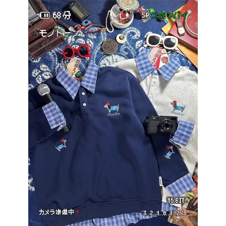 覆古香港风格小众设计对比色拼接假两件套狗狗情侣运动衫,男装Polo衫,星座1210-1