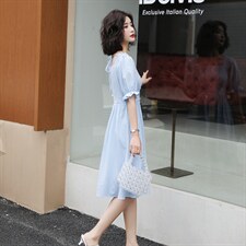 花边方领格纹泡泡袖连衣裙，女装连衣裙，韩蔻秀