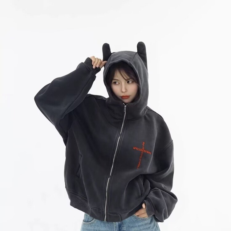 美式慵懒风外套男秋冬季hiphop复古连帽开衫卫衣大码宽松情侣上衣,女装短外套,星座218-8