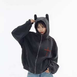美式慵懒风外套男秋冬季hiphop复古连帽开衫卫衣大码宽松情侣上衣图片