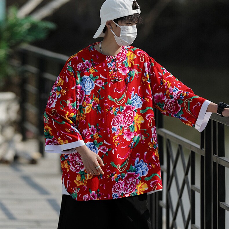 HT02东北大花休闲盘扣套头七分白边袖宽松T恤风冰感大码团队,男装T恤,星座115A(原星座507）