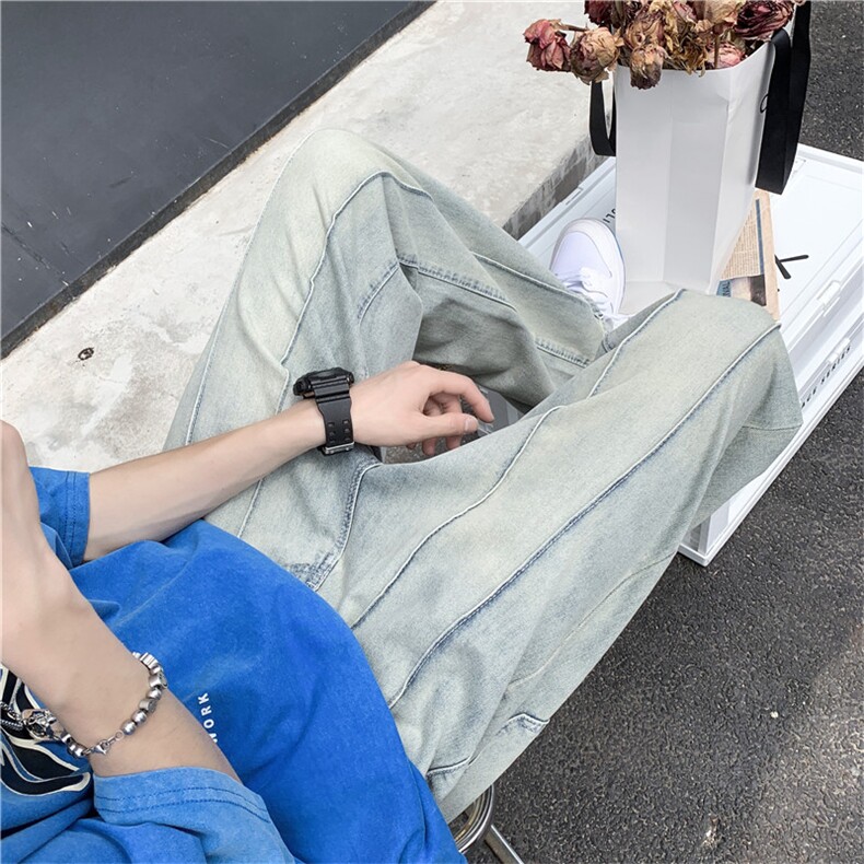 2025新款美式潮牌高街复古黄泥土宽松直筒百搭拼接牛仔裤男,男装牛仔裤,电商D325