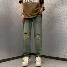 设计感破洞牛仔裤男复古高街美式hiphop潮牌直筒裤子KN8036-P45，男装牛仔裤，星座1008-1