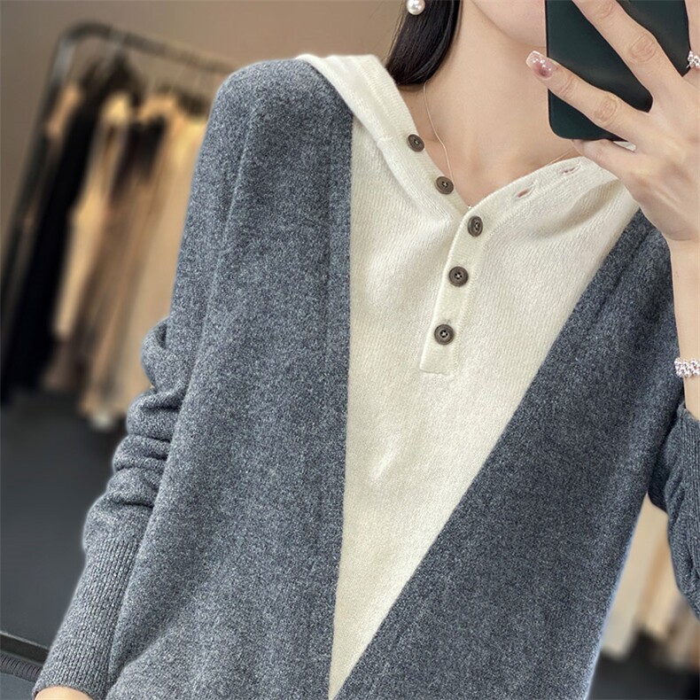 2023春季女装新款连帽假两件纯羊毛针织衫休闲韩版毛衣薄款上衣,女装羊毛衫,绒汀羊绒