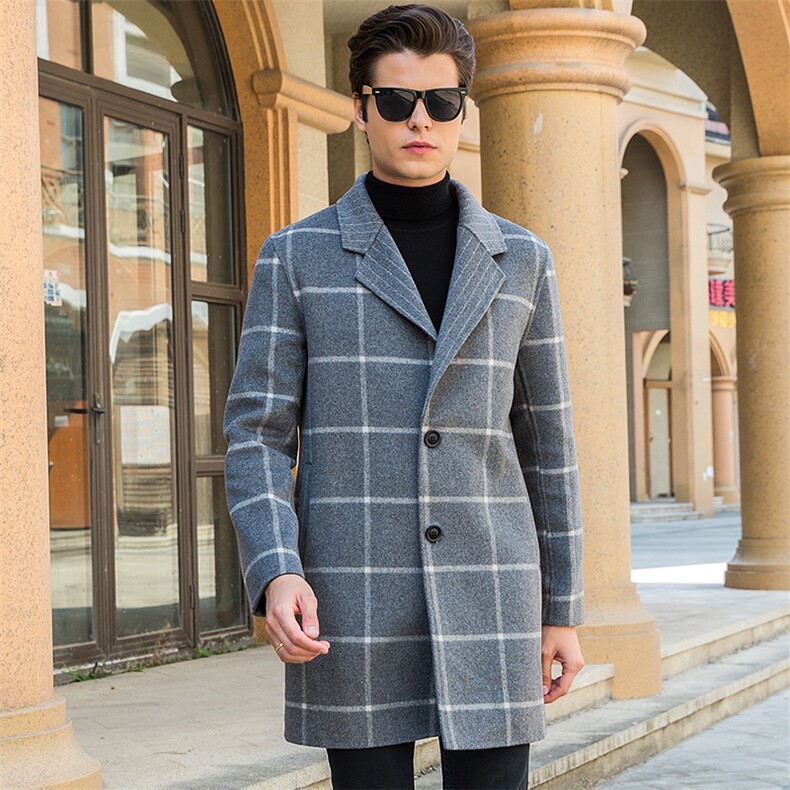 时尚格纹男士羊毛大衣90%羊毛简约保暖秋冬季外套男装，男装毛呢大衣，赛欧妮