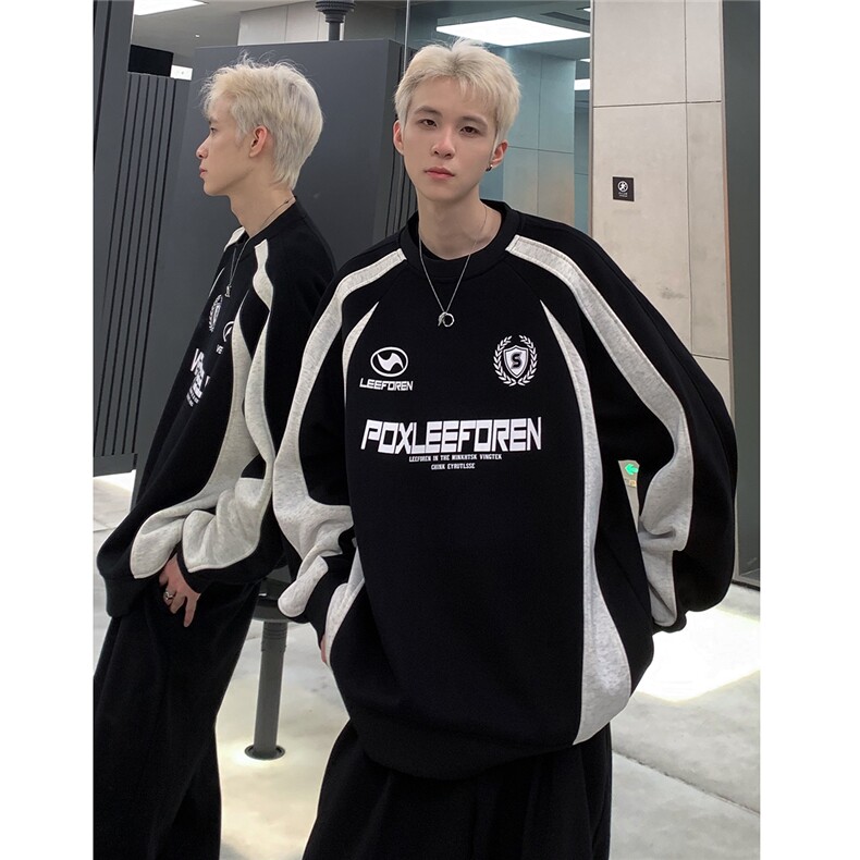 条纹拼接撞色卫衣男春秋季新款美式青少年vibe风圆领上衣W85-P68图片