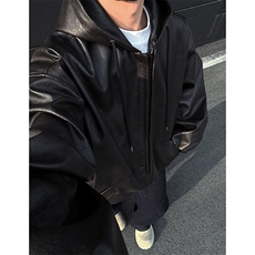 胸口刺绣logo春季常规皮夹克连帽短拉链双开皮衣J2507-P90，男装皮衣，星座1213