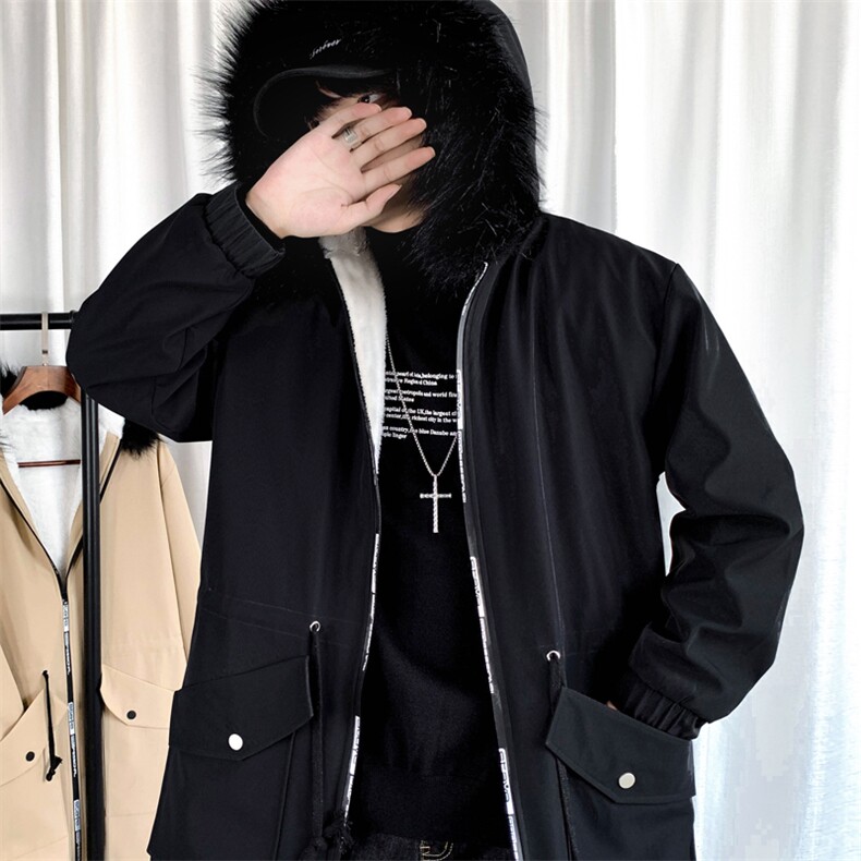 加绒风衣男中长款棉衣服男派克服男女大衣男毛领F659-P115卡其,男装风衣,星座401
