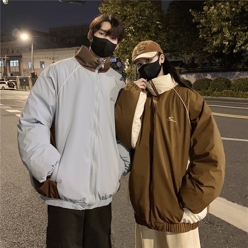 情侣装冬装双面穿条纹织带棉服拼色棉衣休闲外套男G1101P138,男装棉衣,电商A339