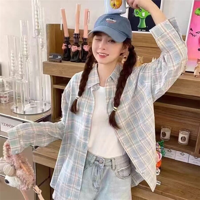 格子宽松多巴胺衬衫2025新款慵懒春夏季防晒衬衣长袖外套上衣,女装衬衫,星座506A