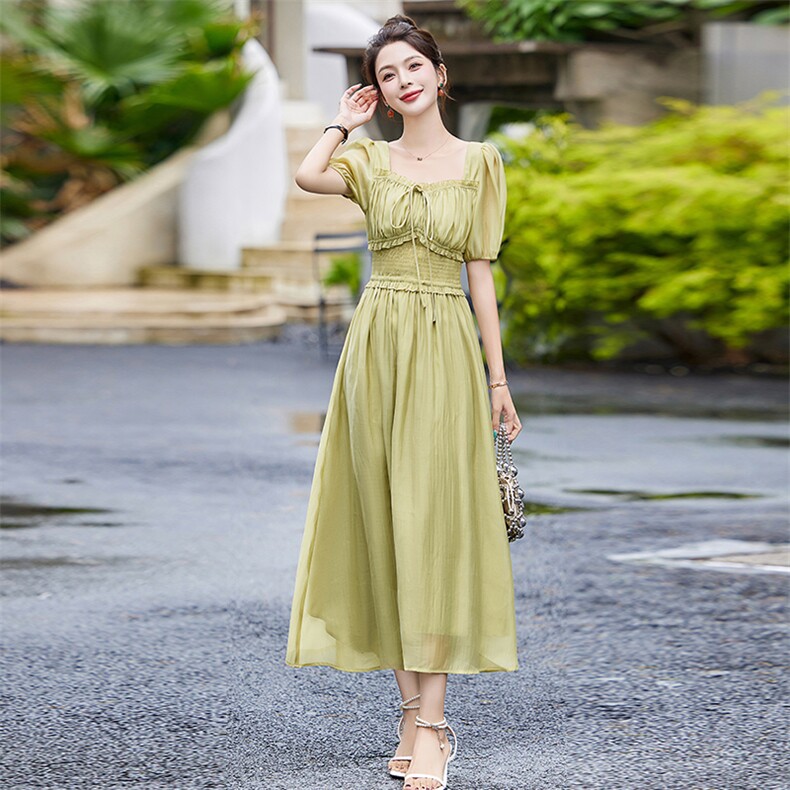 法式收腰气质天丝连衣裙女2025夏季新款弹力收腰显瘦洋气减龄裙子,女装连衣裙,美沁