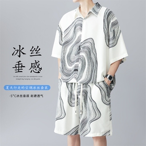 特批P35无差价夏季潮流冰丝凉感新中式短袖短裤男两件套装TZ068图片