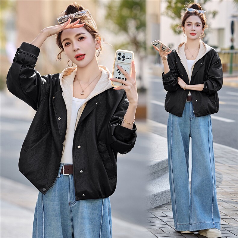 已出货春装新品美拉德连帽皮衣外套女今年流行显瘦百搭机车服潮,女装皮衣,吾爱衣