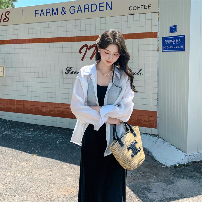 时尚设计感开叉衬衫连衣裙套装女2025年夏季新款显瘦背心裙两件套，女装套装/套裙，浙宝220A