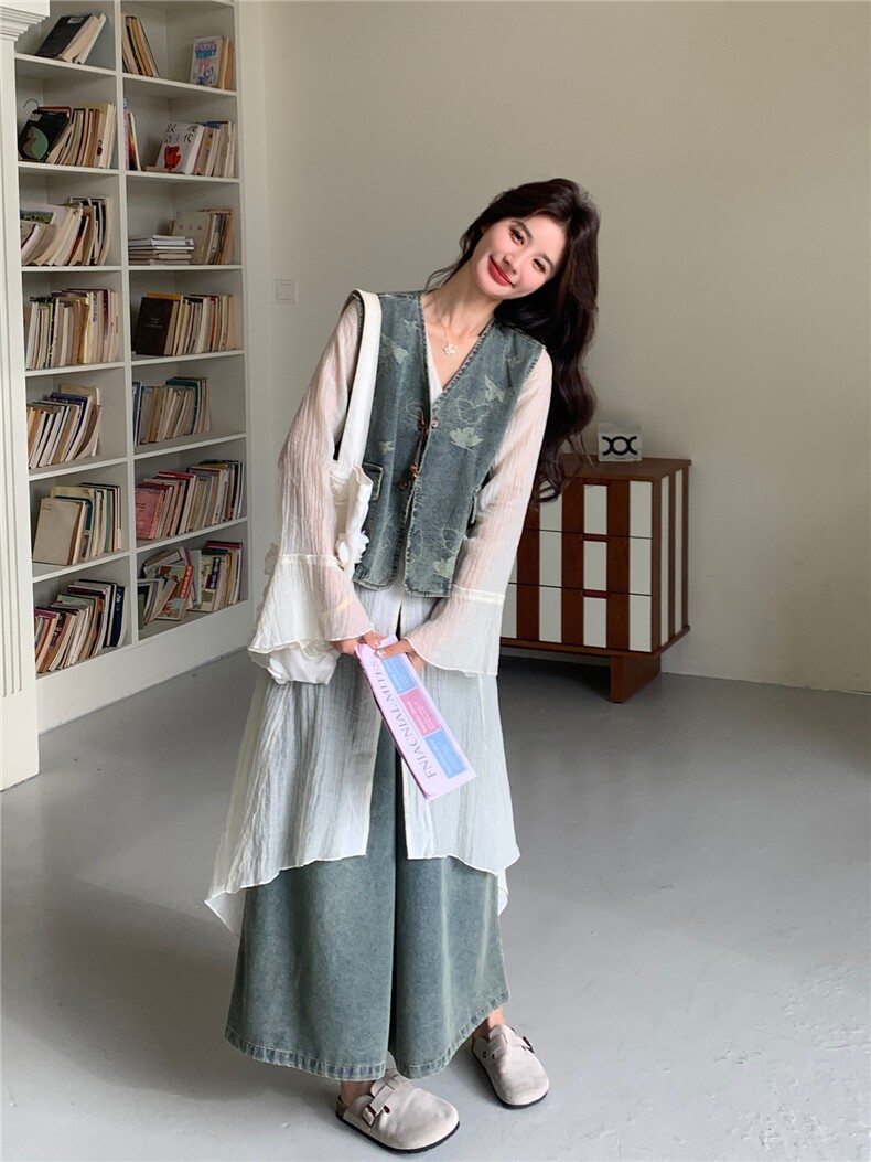 设计感连衣裙打配牛仔马甲套装女春夏季小众阔腿裤三件套减龄,女装套装/套裙,浙宝190